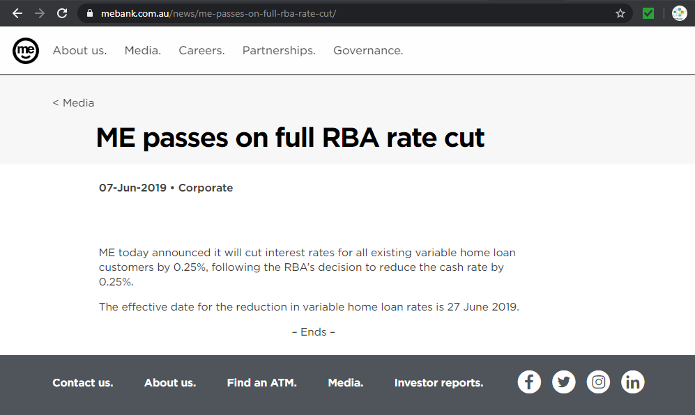 ME Bank passes on full RBA rate cut